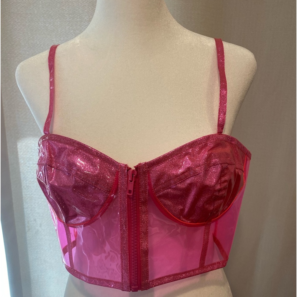 Pink sparkly bralette top with zipper front and clear back